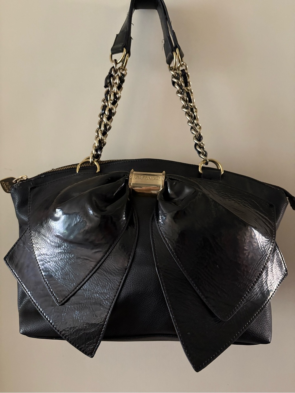Betsey Johnson Black Patent Bow Shoulder Bag with Gold Chain Handles